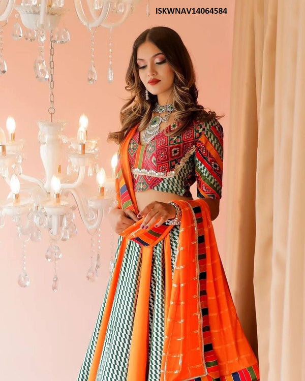 Digital Printed Maslin Cotton Lehenga With Blouse And Georgette Dupatta-ISKWNAV14064584