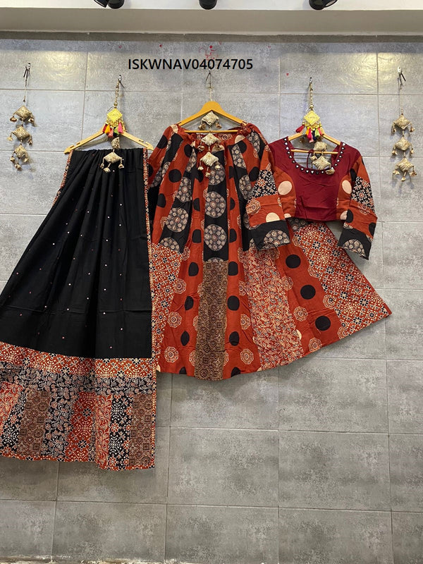 Hand Block Printed Cotton Lehenga With Blouse And Dupatta-ISKWNAV04074705