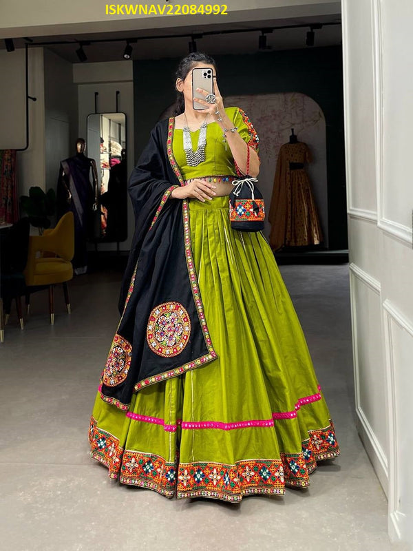 Embroidered Cotton Lehenga With Blouse And Dupatta-ISKWNAV22084992