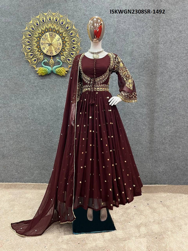 Embroidered Georgette Gown With And Dupatta-ISKWGN2308SR-1492