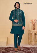 Men's Silk Kurta With Pant And Embroidered Nehru Jacket-ISKM23085020