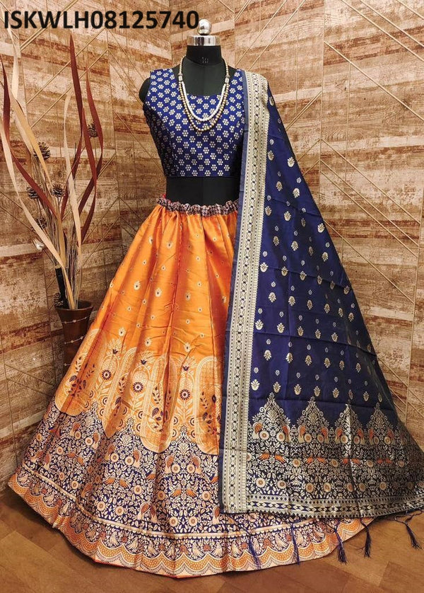 BLUE BROCADE LEHENGA WITH RAWSILK EMBROIDERED CHOLI AND ORGANZA DUPATTA  WITH GOLD LACE - SVA Couture