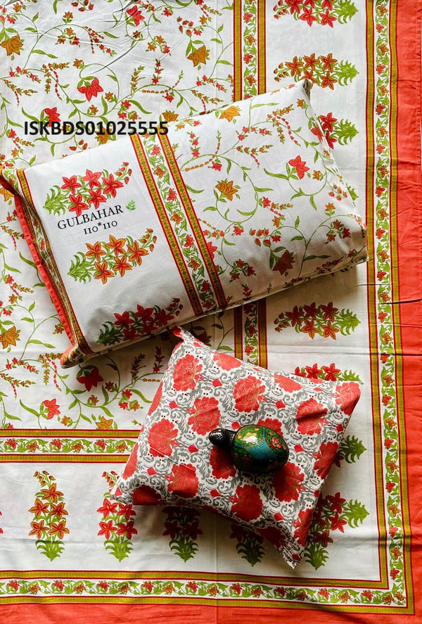Printed Cotton Bedsheet With Pillow Cover And Cushion Set-ISKBDS01025555