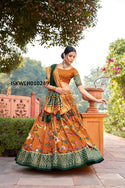 Foil Printed Tussar Silk Lehenga With Blouse And Dupatta-ISKWLH01024915