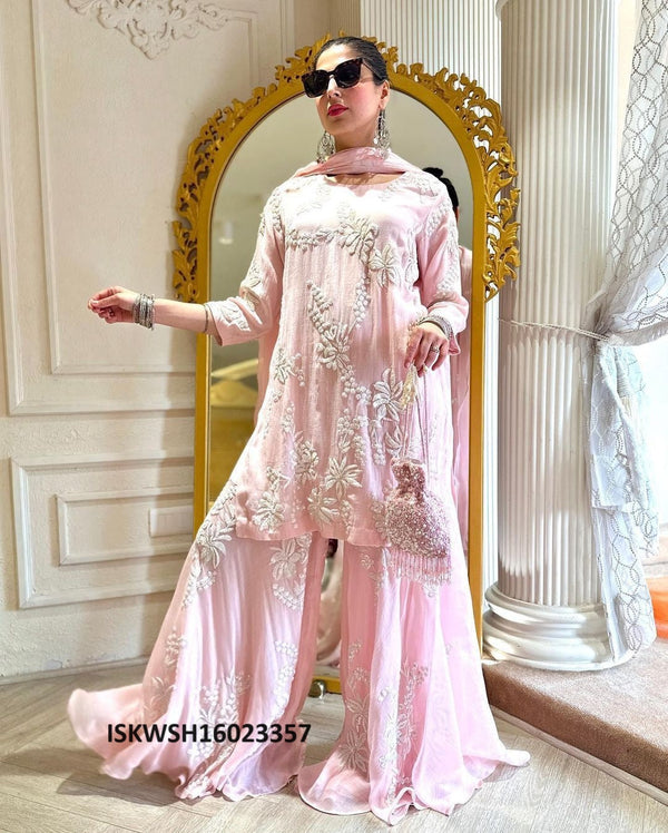 Embroidered Georgette Kurti With Sharara And Dupatta-ISKWSH16023357