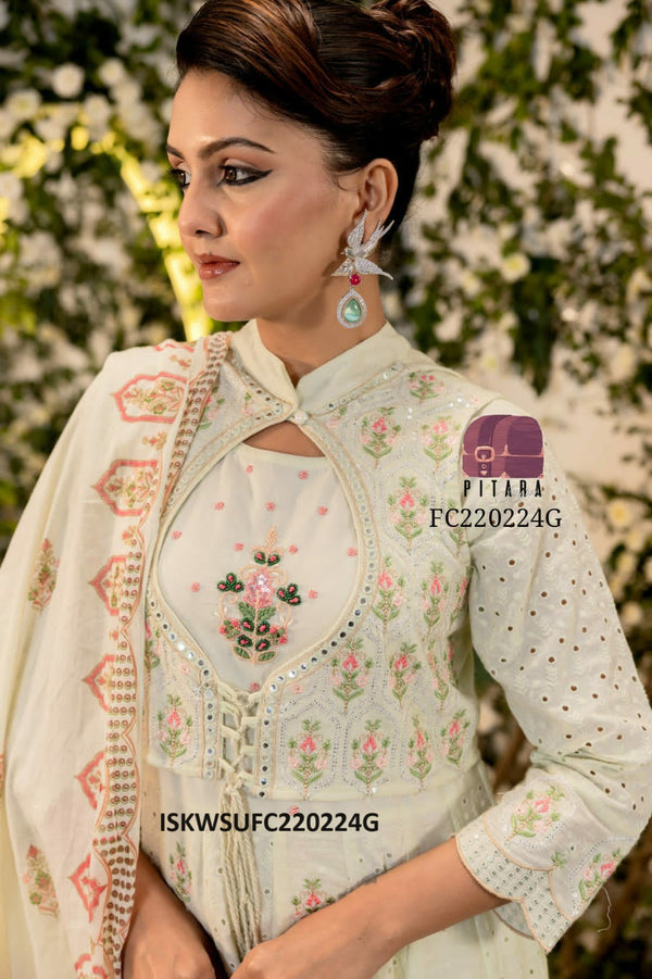 Cotton Schiffli Anarkali Kurti With Embroidered Pant And Printed Dupatta-ISKWSUFC220224G/FC220224P