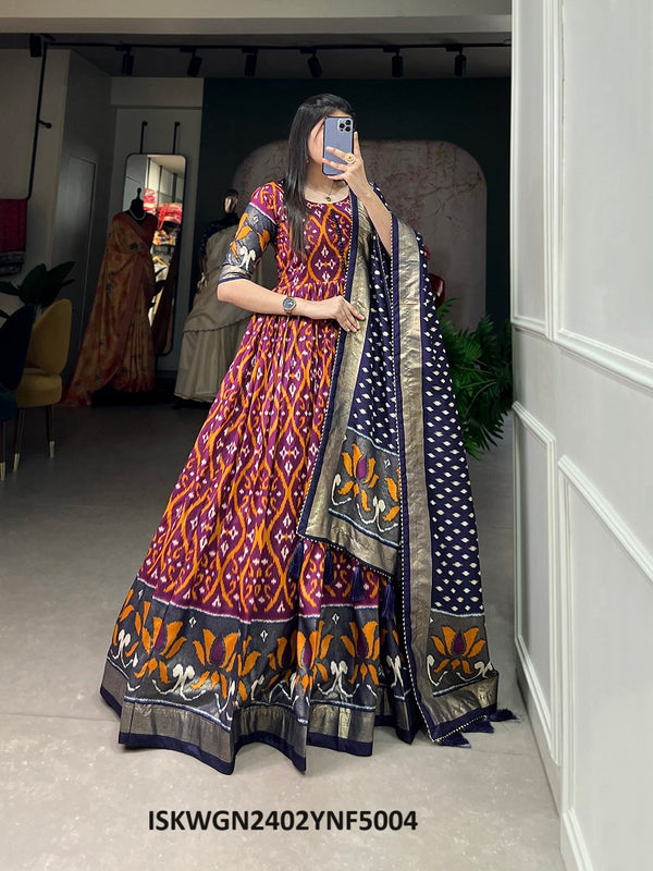 Patola Foil Printed Tussar Silk Gown With Dupatta-ISKWGN2402YNF5004