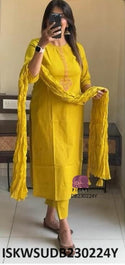 Embroidered Linen Cotton Kurti With Pant And Dupatta-ISKWSUDB230224Y/DB260224K