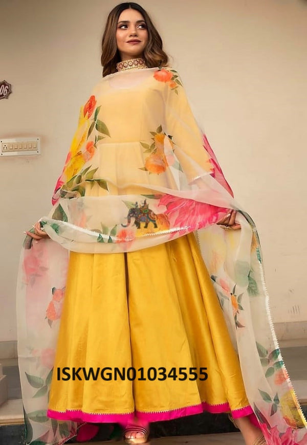 Sequined Cotton Silk Gown With Floral Printed Organza Dupatta-ISKWGN01034555