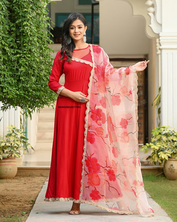 Sequined Rayon Gown With Floral Printed Organza Dupatta-ISKWGN010277595