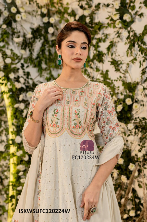 Embroidered Cotton Schiffli Anarkali Kurti With Pant And Dupatta-ISKWSUFC120224W