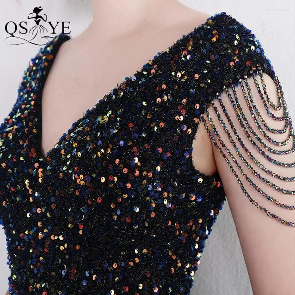 Party Dresses Colorful Black Sequin Prom Open Split Evening Gown Beading Straps Sleeves Backless Women V Neck Formal Dress Chic - Ishaanya