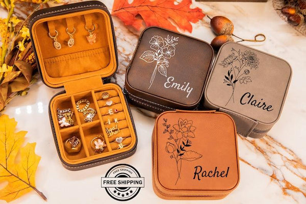 Birth Flower Jewelry Travel Case, Birth Month Flower Gift, Personalized Birthday Gift, Leather Jewelry Travel Case, Custom Jewelry Case - Ishaanya