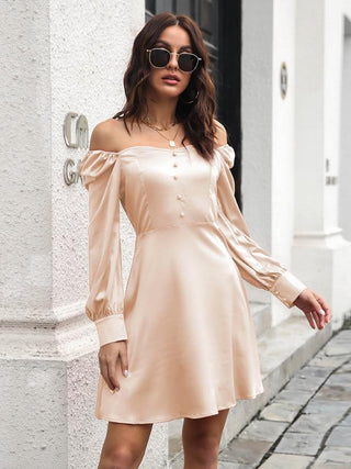 Women's color satin love collar bubble sleeve French Long Sleeve Dress - Ishaanya