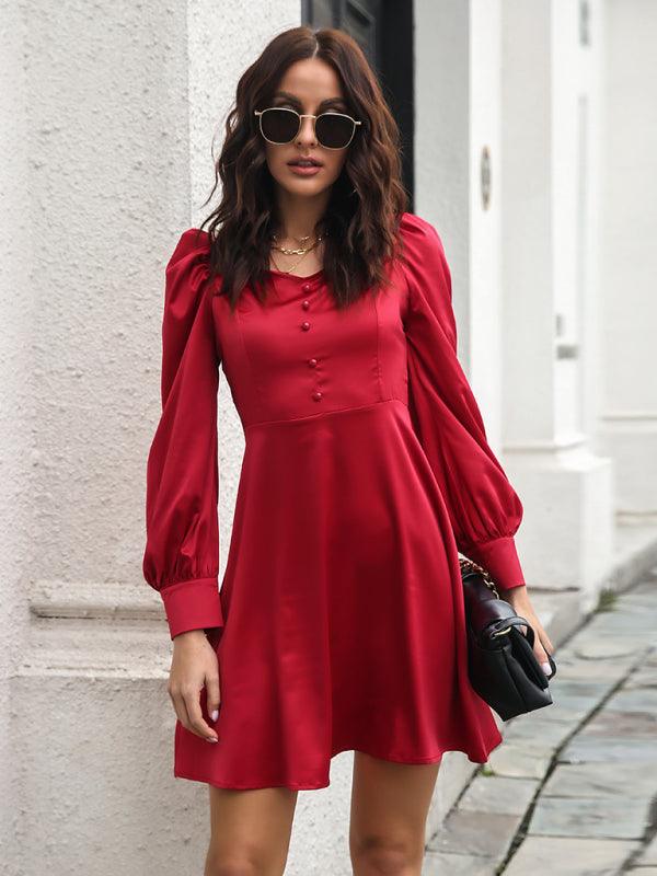 Women's color satin love collar bubble sleeve French Long Sleeve Dress - Ishaanya